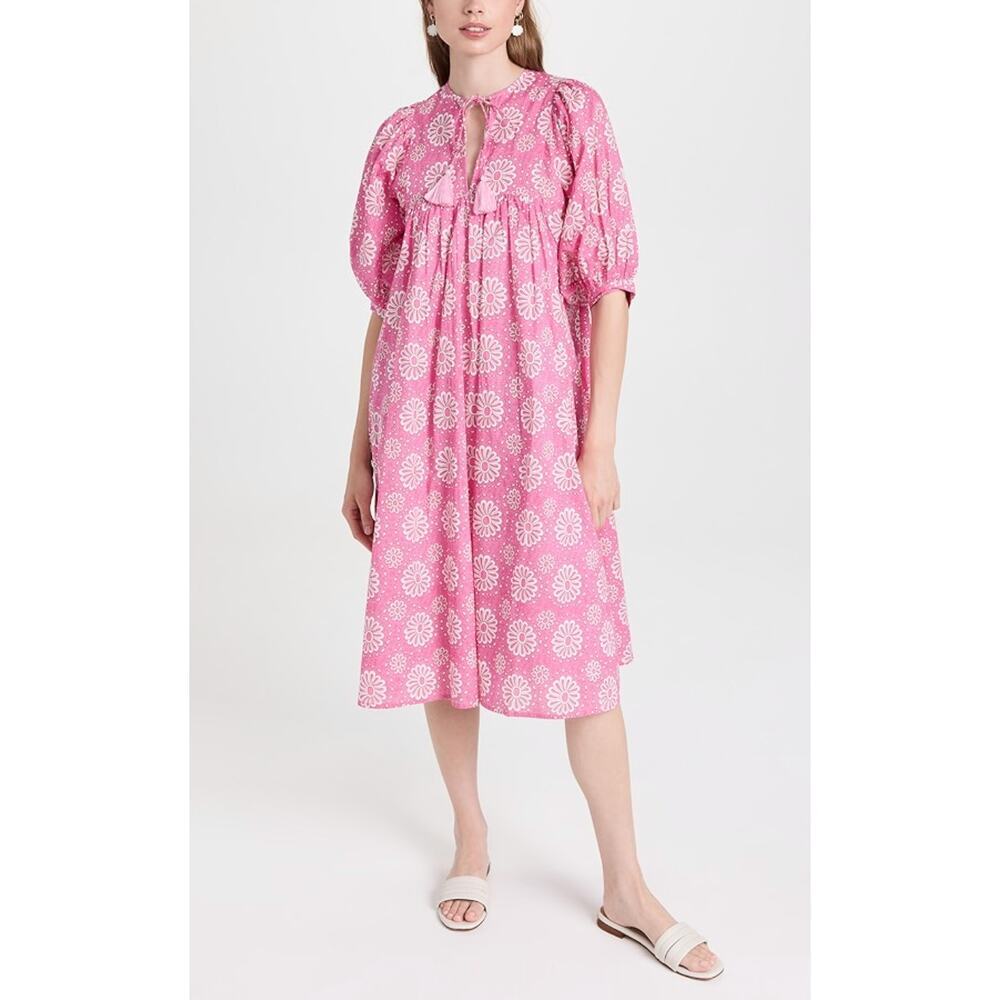 MILLE Resort Saffron Pink Daisy Print Cotton Puff Sleeve Midi Dress Tuckernuck - Picture 2 of 12